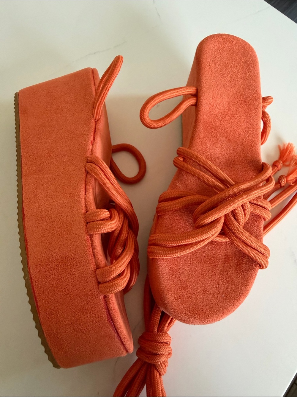 Women’s Orange Knotted Platform Sandals with Wrap Laces - Picture 4 of 10